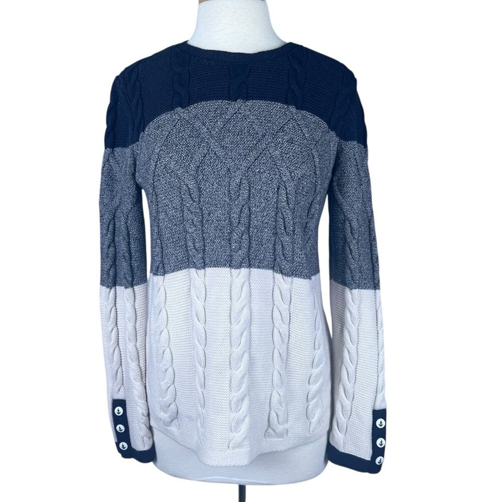 Talbots Cable Knit Sweater Womens Medium Nautical Fisherman Coastal Blue White